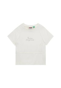 Biała krótki rękaw T-shirt z okrągłym dekoltem, z teksturowanym logo "Guess Originals" ozdobionym małymi cyrkoniami z przodu.