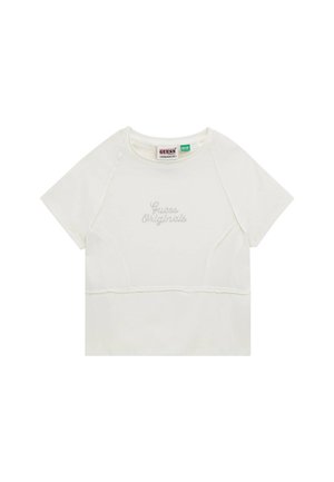 Weißes T-Shirt mit kurzen Ärmeln und Rundhalsausschnitt, das auf der Vorderseite ein strukturiertes Logo "Guess Originals" mit kleinen Strasssteinen verziert zeigt.