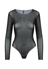 Body nero a maniche lunghe realizzato in tessuto trasparente con strisce verticali e decorazioni in argento sparse, caratterizzato da una scollatura a V e un design aderente.