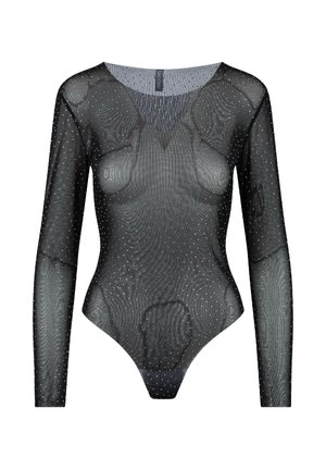 Body noir à manches longues en tissu transparent avec des rayures verticales et des embellissements argentés dispersés, présentant un décolleté en V et une coupe ajustée.