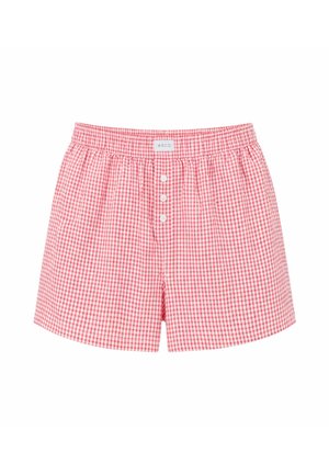 Czerwono-białe bawełniane bokserki w kratkę gingham z elastyczną talią i trzema białymi guzikami z przodu.