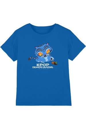 Blue T-shirt with a cartoon blue-striped cat playing with a small plant pot and "KPOP Demon Hunters" text below the cat.