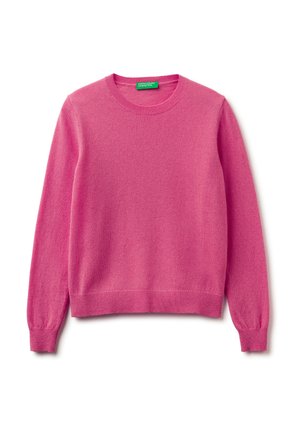 Helles pinkes Langarmpullover mit Rundhalsausschnitt, gerippten Bündchen und Saum, flach auf einem weißen Hintergrund liegend.