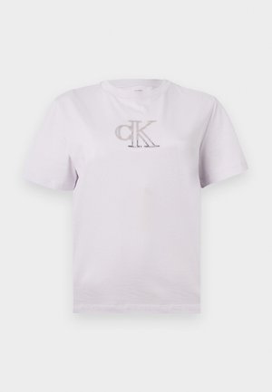 T-shirt blanc à manches courtes avec un col rond et un petit logo "cK" centré sur la poitrine.