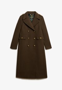 Bruine wollen jas met een dubbelbreasted ontwerp, gouden knopen, brede kraag en twee voorzakken, met een gestructureerde silhouet.