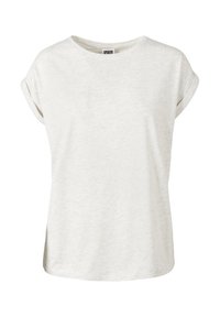 T-shirt en coton gris clair à manches courtes avec manches retroussées et encolure ronde, posé à plat sur fond blanc.