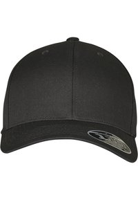 Sort baseballcap lavet af tekstureret stof med en buet skygge, har en syet topknap og en justerbar bagrem.