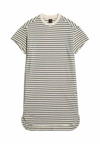 Sukienka w paski w kolorze kremowym i granatowym. Krótkie rękawy, okrągły dekolt i zaokrąglony dół. Wykonana z miękkiego, lekkiego materiału.