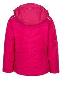 Giacca imbottita rosa brillante con cappuccio, caratterizzata da un motivo a zigzag trapuntato, maniche lunghe e una superficie liscia con sottili riflessi.