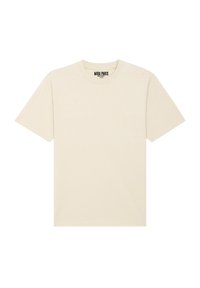 Helles beige T-Shirt mit kurzen Ärmeln aus weicher Baumwolle. Einfaches Design mit rundem Ausschnitt. Keine sichtbaren Muster oder Verzierungen.
