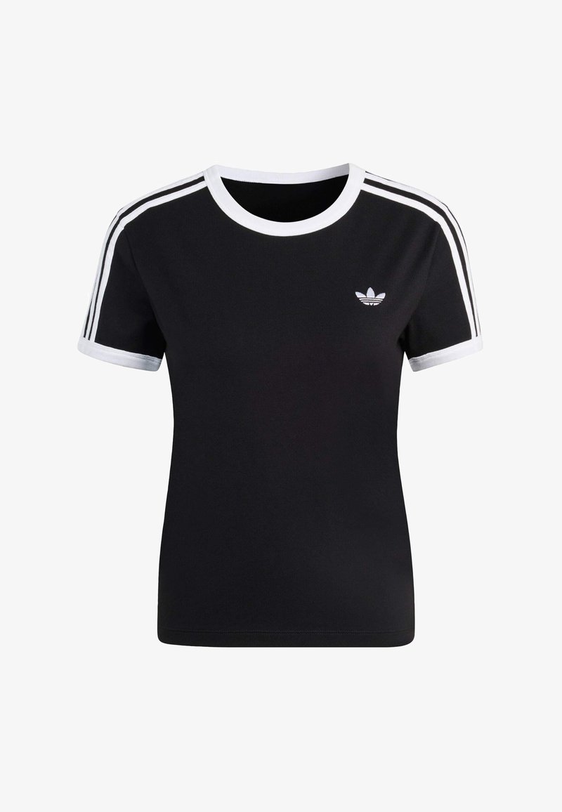 Sort kortærmet t-shirt med hvide detaljer, rund halsudskæring og tre hvide striber på hver skulder. Har en lille logo på brystet.
