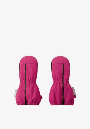 Helle rosa Fäustlinge aus strapazierfähigem Stoff mit glatter Textur, ausgestattet mit einem zentralen Reißverschluss und elastischen Bündchen für eine enge Passform.