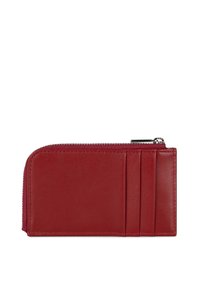 Red leather wallet with a zip closure, featuring four card slots on one side and smooth texture. Compact rectangular shape.