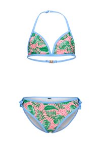 Set di bikini con top triangolare con spalline blu e un motivo a foglie rosa, abbinato a slip con lacci laterali.