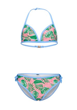 Set di bikini con top triangolare con spalline blu e un motivo a foglie rosa, abbinato a slip con lacci laterali.