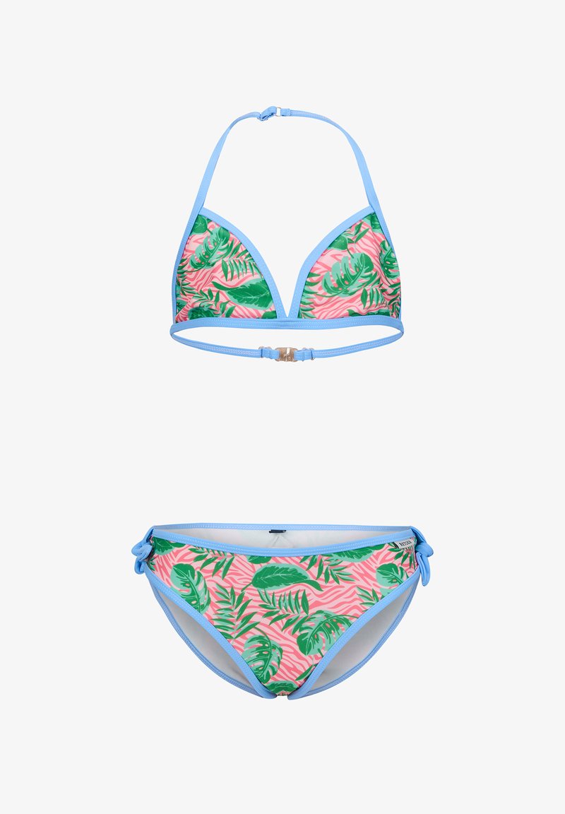 Set di bikini con top triangolare con spalline blu e un motivo a foglie rosa, abbinato a slip con lacci laterali.