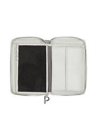 Portafoglio bianco con zip a tutto giro, dotato di scomparti per carte, un interno in tessuto testurizzato e un motivo a righe nere. Include un piccolo accento in hardware argentato.