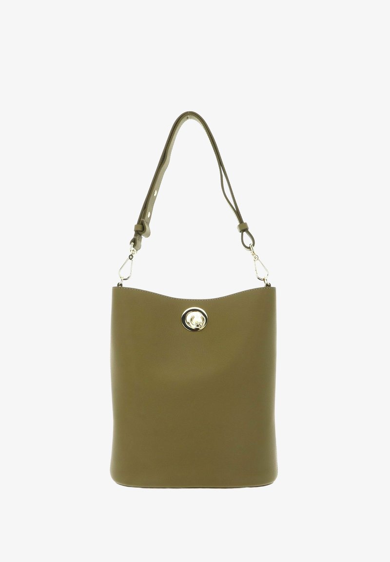 Sac à bandoulière en cuir vert olive avec sangle réglable et fermeture à tourniquet circulaire en métal doré sur le devant.