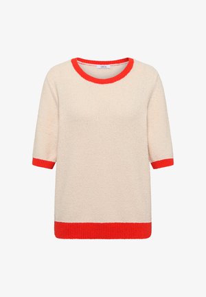 Suéter de punto beige con ribete acanalado en naranja brillante en el cuello, puños de las mangas y dobladillo, con cuello redondo y mangas cortas.