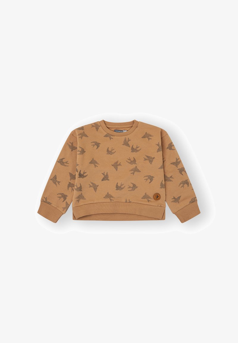 Sudadera de manga larga para niño pequeño de color óxido con estampado de pájaros oscuros por toda la prenda y un pequeño parche circular cerca del dobladillo.