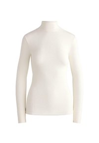 Witte langslobige turtleneck top gemaakt van ribbelstof. Getailleerd ontwerp met een hoge hals en naadloze manchetten. Soepele, lichte textuur.