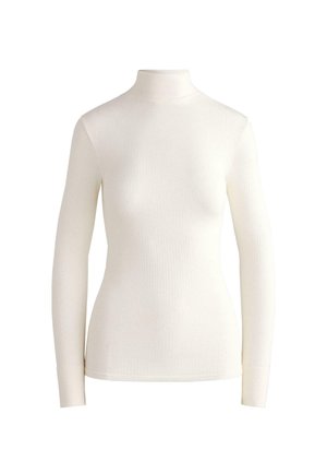 Witte langslobige turtleneck top gemaakt van ribbelstof. Getailleerd ontwerp met een hoge hals en naadloze manchetten. Soepele, lichte textuur.
