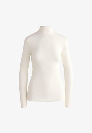 Bela dolga majica z visokim ovratnikom, izdelana iz rebraste tkanine. Prilegajoča zasnova z visokim ovratnikom in brezšivnimi manšetami. Gladka, lahka tekstura.