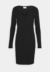 Abito nero a coste con scollatura a V profonda e maniche lunghe, caratterizzato da una silhouette aderente e un tessuto morbido e strutturato.