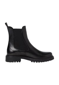 Bottines en cuir noir avec des panneaux latéraux élastiques, bout rond et semelles en caoutchouc robustes. Comprend une languette pour un enfilement facile.