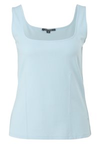 Ljusblå ärmlös topp i ett mjukt, stretchigt tyg. Har en fyrkantig halsringning och minimal sömdetalj längs sidorna.