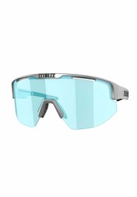 Occhiali da sole sportivi con una montatura grigia chiara e lenti avvolgenti di colore azzurro. Presentano un design elegante e un ponte nasale ventilato per il comfort.