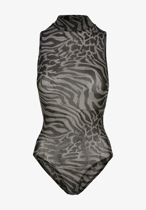 Musta ja harmaa seepraraidallinen bodysuit, jossa on korkea kaulus ja ilman hihoja oleva muotoilu, valmistettu läpinäkyvästä, kevyestä kankaasta.