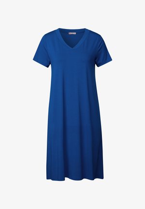 Blauwe V-hals jurk met korte mouwen van soepele stof, heeft een relaxte pasvorm en valt tot halverwege de bovenbenen, zonder zichtbare patronen of accenten.