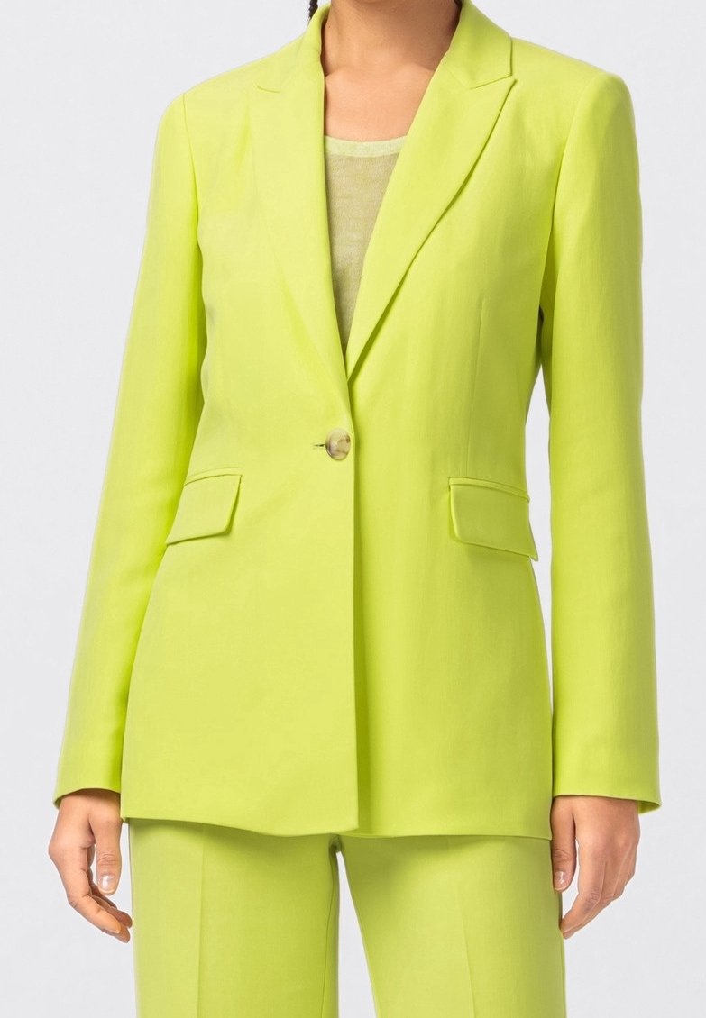 slim fit dress slacks Lime Button Front Belted Blazer Dress