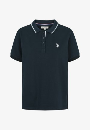 Navyblaues Poloshirt aus strukturierter Stoffqualität, mit einer Knopfleiste mit drei Knöpfen, einem kontrastierenden Kragen und einem gestickten Logo auf der linken Brust.