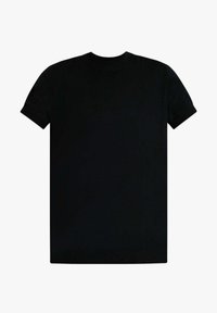 T-shirt nera in cotone con scollo rotondo, maniche corte e vestibilità regolare. Texture liscia senza motivi o dettagli visibili.