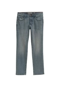 Rechthoekige blauwe denim jeans, medium wassing, vijf zakken, knoopsluiting en riemlussen. Licht vervaging en whiskering-details overal.