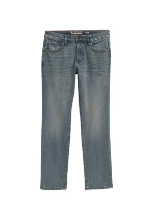 Straight-leg blå denim jeans, medium vask, fem lommer, knaplukning og bæltestropper. Let falmning og whiskering detaljer over det hele.