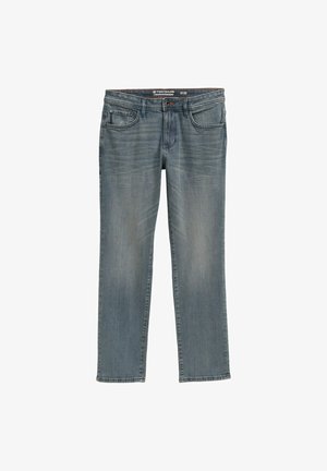 Džíny z modrého denimového materiálu s rovnými nohavicemi, střední praní, pět kapes, zapínání na knoflík a poutka na opasek. Mírné vyblednutí a detaily s prošoupáním po celém povrchu.