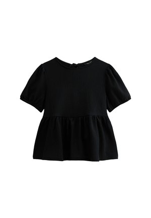 Top negro de manga corta con cuello redondo, tejido texturizado y dobladillo con peplum fruncido. Presenta un cierre en la parte posterior tipo ojal.