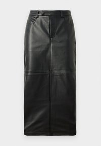 Jupe crayon noire taille haute en simili cuir avec détails de couture à l'avant et passants de ceinture, longueur au genou avec une finition mate lisse.