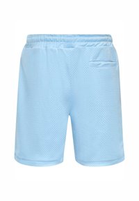 Pantalones cortos deportivos de color azul claro con una textura de malla transpirable, que cuentan con una cinturilla elástica y un bolsillo trasero para almacenamiento.