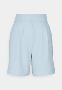 Světlé modré šortky s vysokým pasem, na míru, s řasením a poutky na opasek, s hladkým předním dílem a délkou do poloviny stehna.