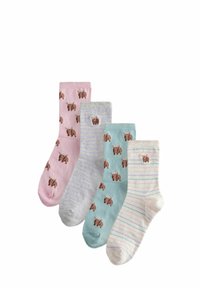 Vier paar katoenen sokken in roze, grijs, blauw en wit, met kleine bruine koe ontwerpen en pastel gestreept.