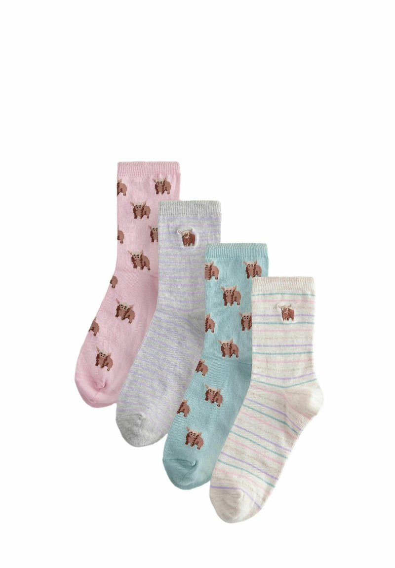 Vier paar katoenen sokken in roze, grijs, blauw en wit, met kleine bruine koe ontwerpen en pastel gestreept.