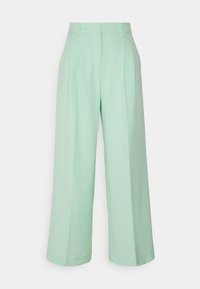 Pantalons larges vert menthe en tissu lisse, dotés d'une taille haute, de plis et d'une coupe ajustée.
