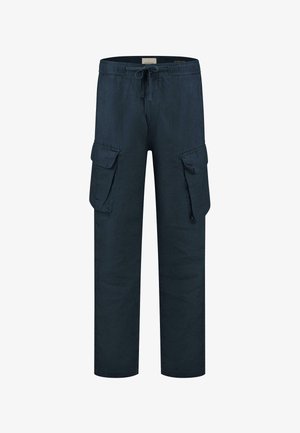 Pantaloni cargo blu navy con vita elastica, cordino e due tasche laterali. Realizzati in tessuto leggero con una texture liscia.