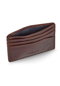 Portafoglio in pelle marrone con più scomparti per carte e una finitura testurizzata. Presenta un bordo cucito e un compartimento interno foderato di blu scuro.