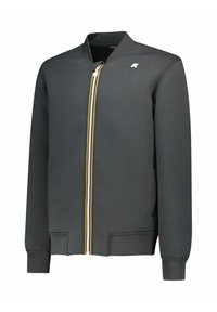 Giacca bomber grigia con zip frontale e dettagli multicolore, polsini e orlo a costine, e logo sul petto. Tessuto morbido.