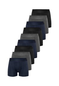 Boxer shorts set featuring varying shades of black, gray, and navy. Made from soft fabric with logo-embossed waistbands.
